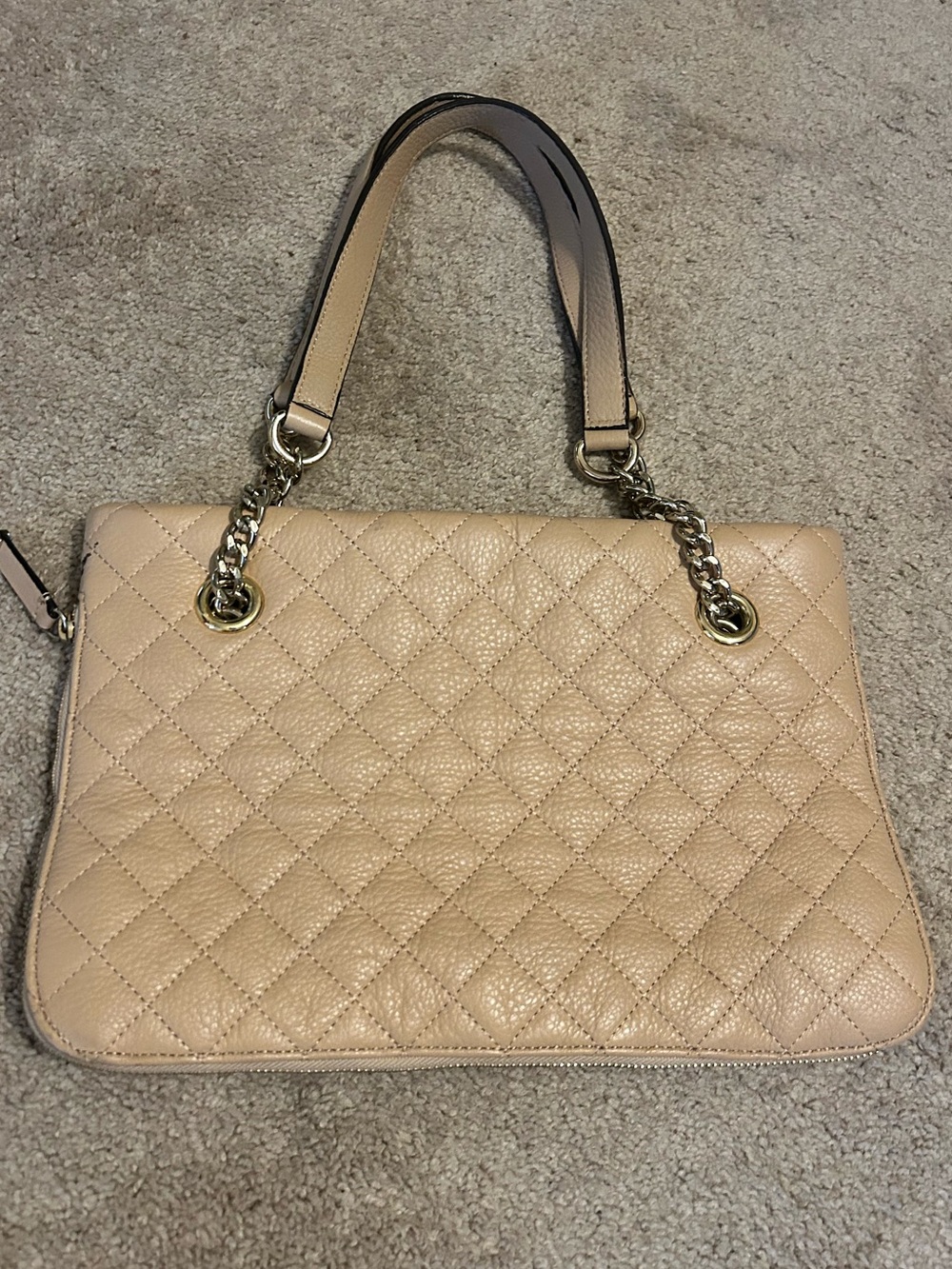 Calvin Klein Quilted Beige Leather Shoulder Bag Gold Chain Detail